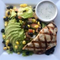 Mexican salad · Romaine lettuce, tomatoes, corn, black beans, avocado, onions, grilled chicken, cotija chees...