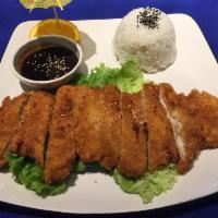 Chicken Katsu · Japanese style breaded chicken thigh, deep fried and served with tonkatsu sauce. Served with...