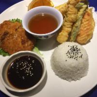 Katsu and Tempura · Japanese style breaded chicken or pork with assorted tempura. Served with miso, rice, salad ...