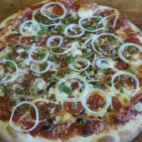 Hurricane Pizza · Pepperoni, sausage, mushrooms, white onions and green bell peppers.
