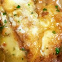 Flounder Francaise · Served with side of pasta. Includes tossed salad and bread.