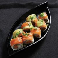 Sunrise Roll · Inside: spicy tuna and cucumber. Top: salmon, avocado, spicy ponzu, green onions. Spicy.