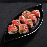 Red Eye Roll · Inside: spicy tuna and cucumber. Top: tuna, green onions and spicy ponzu sauce. Spicy.