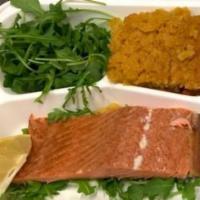Salmon Meal · Served with salsa verde and 2 sides.