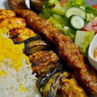Kebab Combination · Grilled ground beef or chicken, shish kebab, and boneless chicken. Served with 2 skewers, 3 ...
