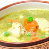 AGUADITO · Cilantro based soup robust with flavor With chicken peas and carrots. 