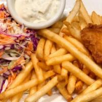 Fish and Chips · Crispy battered Alaskan cod with homemade tartar sauce, coleslaw and fries.