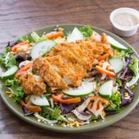 Crispy Ranch Salad · Crispy chicken, cheese, tomatoes, mushrooms and cucumbers with ranch dressing.