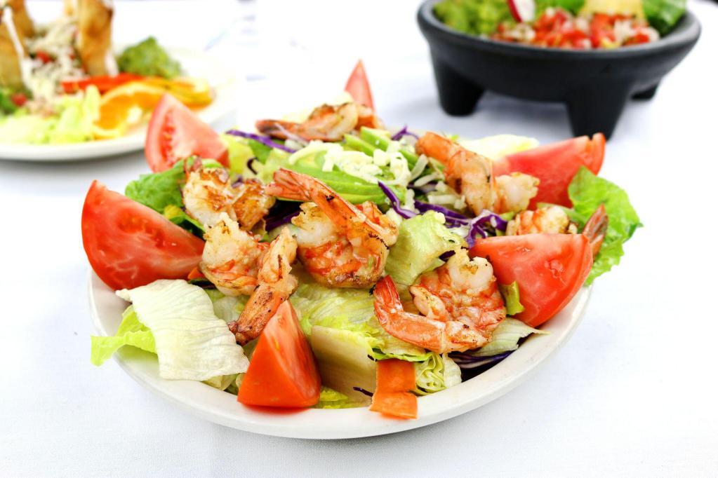 Shrimp Salad · Include mixed greens, carrots, cucumber, cheese, tomatoes and avocado.