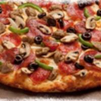 King Arthur's Supreme Pizza · Pepperoni, Italian sausage, salami, linguica, mushrooms, green peppers, yellow onions and bl...