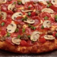 Italian Garlic Supreme Skinny Pizza · Super famous. Super good. Pepperoni, Italian sausage, tomatoes, mushrooms, green onions and ...