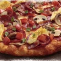 Wombo Combo Pizza · Primo pepperoni, Italian sausage, linguica, bacon, mushrooms, tomatoes, artichoke hearts and...