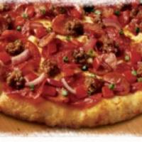 Skinny Crust Smokehouse Combo Pizza · Primo pepperoni or chicken, Italian sausage, linguica, BBQ drizzle, tomatoes and red and gre...