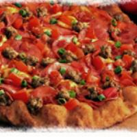 Hearty Bacon Supreme Pizza · A bacon lover's dream! Bacon, ham, Italian sausage, tomatoes and green onions on creamy garl...