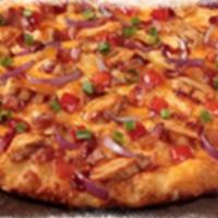 BBQ Chicken Pizza · Chicken, bacon, cheddar, tomatoes, red and green onions on BBQ ranch sauce and topped with s...