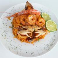 Arroz con Mariscos · Assorted fresh mixed seafood and yellow rice, sauteed with onions and garlic. 