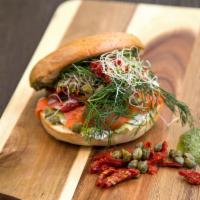 5. The Smokey Lox Sandwich · Smoked salmon, cream cheese, capers, red onions, semi-dried tomatoes, dill, arugula, sprouts...