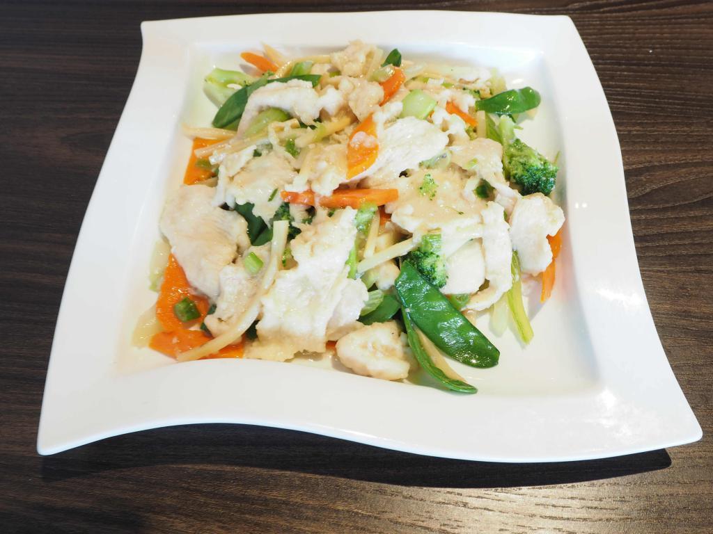 Moo Goo Gai Pan · Broccoli, celery, carrots, bamboo shoots, and snow peas cooked in our white sauce.