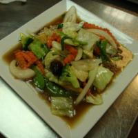 49. Sauteed Mixed Vegetables · Includes carrots, broccoli, baby corn, mushrooms, onion, scallion,  snow peas and cabbage in...