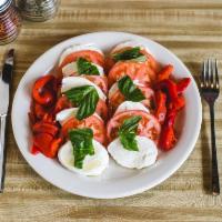 Caprese Salad · Large. Fresh mozzarella, sliced tomato, roasted red peppers, basil leaves, oil and balsamic ...
