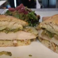 Chicken Sandwich Lunch · Chicken breast with caramelized onion,pesto and provolone cheese .