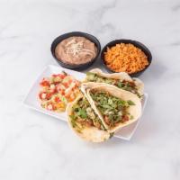 3 Tacos Plato · Served with rice, beans, lettuce, pico de gallo.
