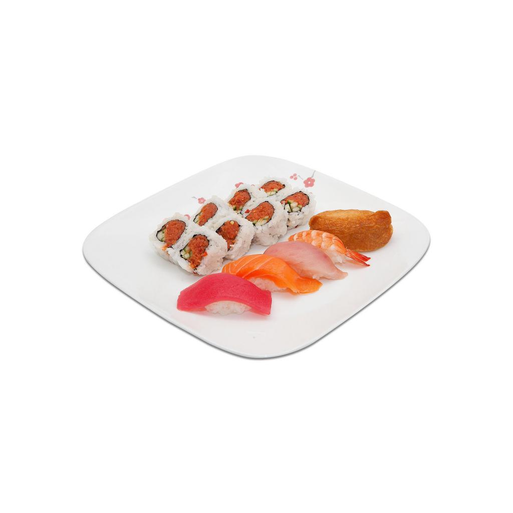 D. Deluxe Combo Rolls Lunch · 1 tuna, 1 salmon, 1 albacore, 1 shrimp, 1 tofu pocket, and spicy tuna roll.
