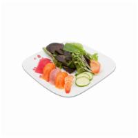 J. Sushi and Salad Combo · 1 tuna, 2 salmon, 1 albacore, 1 shrimp and salad.