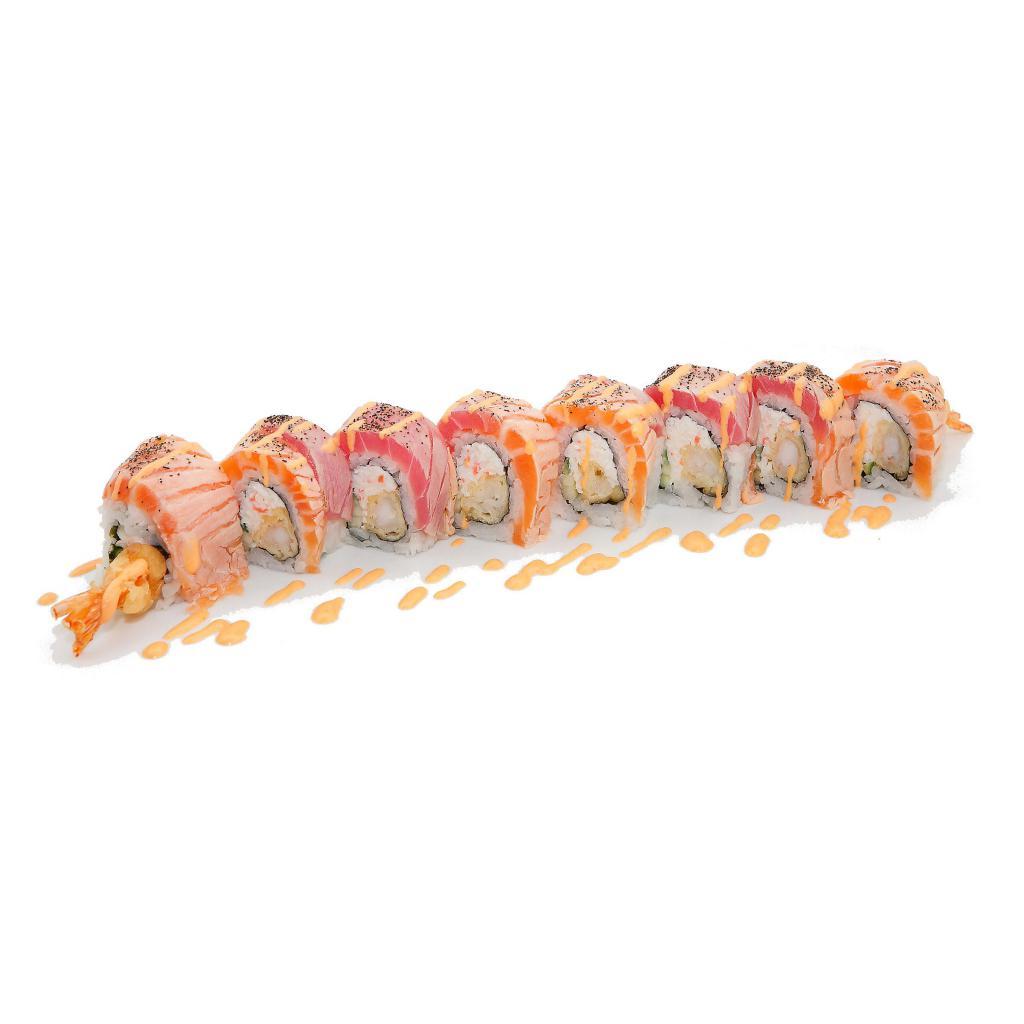 Sunrise Roll · Spicy mayo, seared tuna, and salmon on top of tempura shrimp, imitation crab meat, and cucumber.