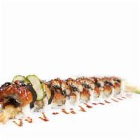 Prince Dragon Roll · Unagi, seaweed, cucumber, on top of tempura shrimp, avocado, spicy tuna with Sriracha sauce ...