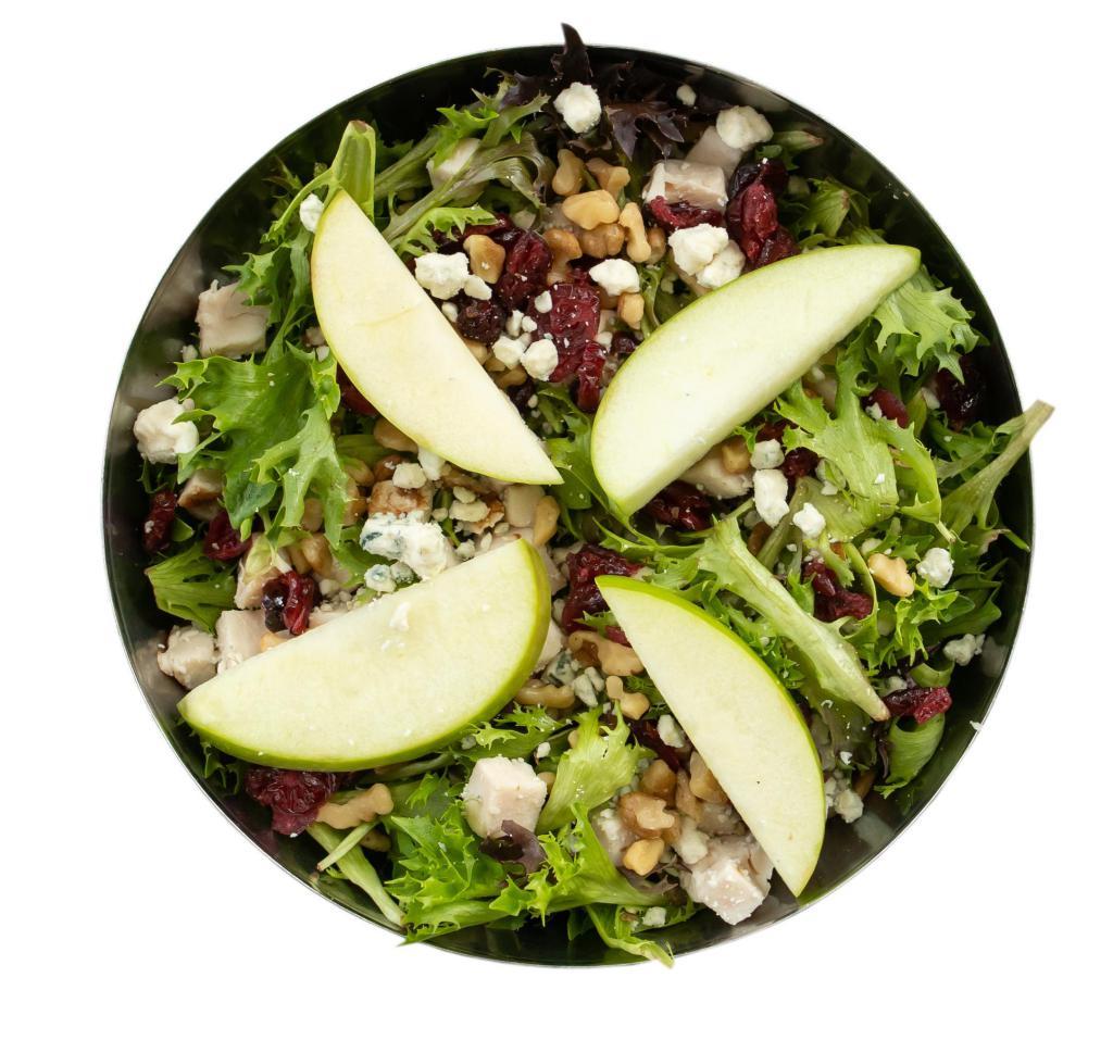 Cran-Apple with Blue Cheese Salad · Mixed greens, oven-roasted chicken breast, Granny Smith apples, dried cranberries, blue cheese and walnuts with our very own cran-apple vinaigrette.