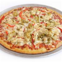 Mediterranean Thin Crust Pizza · Roasted chicken, artichoke hearts, red bell peppers, green olives, onions, and feta.
