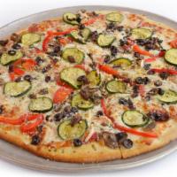 Vegetarian Thin Crust Pizza · Roasted zucchini, mushrooms, Kalamata olives, onions, red bell peppers, and fresh garlic. Ve...