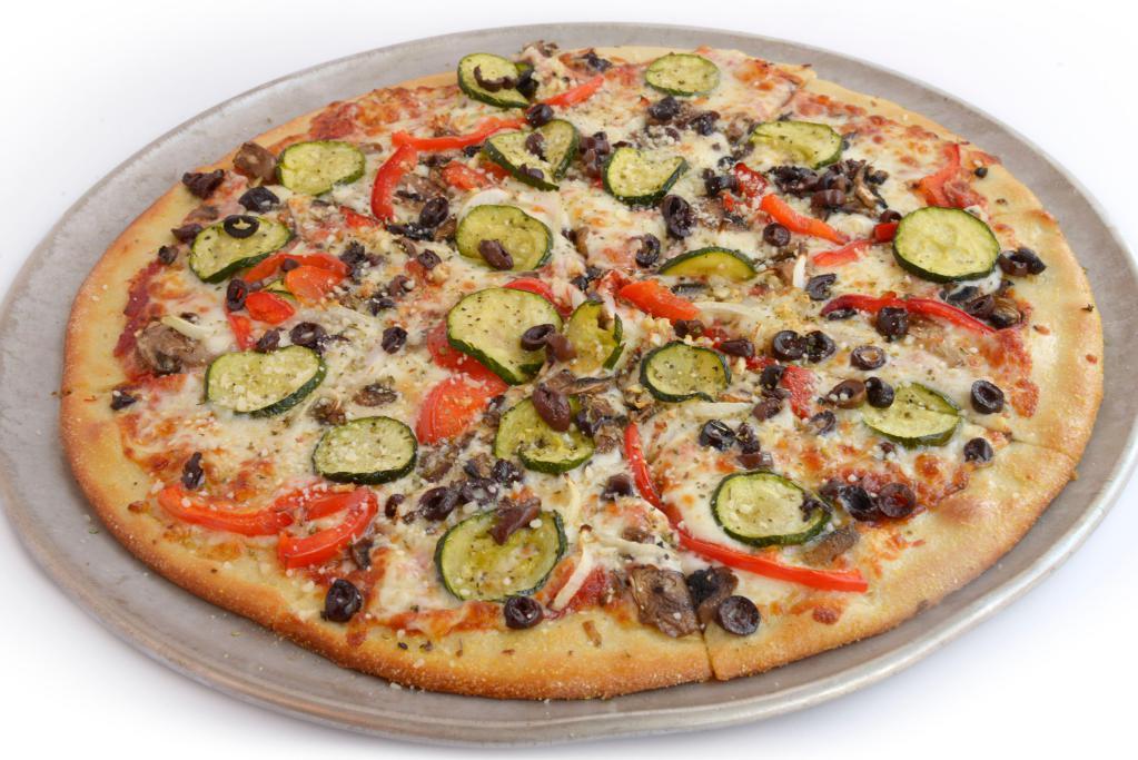 Vegetarian Thin Crust Pizza · Roasted zucchini, mushrooms, Kalamata olives, onions, red bell peppers, and fresh garlic. Vegetarian.