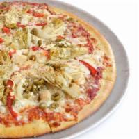 Small Mediterranean Gluten Free Thin Crust Pizza · Roasted chicken, artichoke hearts, red bell peppers, green olives, onions, and feta. Made wi...