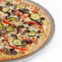 Small Vegetarian Gluten Free Thin Crust Pizza · Roasted zucchini, mushrooms, Kalamata olives, onions, red bell peppers, and fresh garlic. Ma...