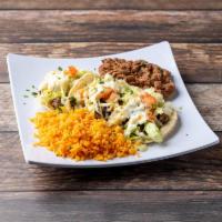 Tacos Carne Asada Dinner · Shredded lettuce, pico de gallo, cheese and sour cream. Served with rice and beans.