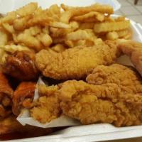 P1. 4 Chicken Tender and 6 Piece Wing Plate Combo · With french fries. Includes free can drink.