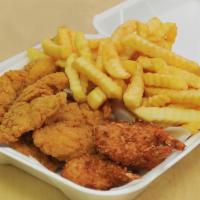 P2. 4 Chicken Tender and 5 Piece Shrimp Plate Combo · With french fries. Includes free can drink.