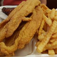 P4. 2 Piece Fish and 5 Piece Wing Plate Combo · With french fries. Includes free can drink.
