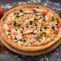 Vegetarian Pizza · Mushrooms, onions, sweet peppers, Kalamata olives, green peppers and tomatoes.
