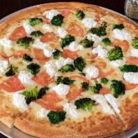 George's White Pizza · Fresh garlic, oil and oregano, our specialty cheese blend, tomatoes, broccoli and ricotta ch...
