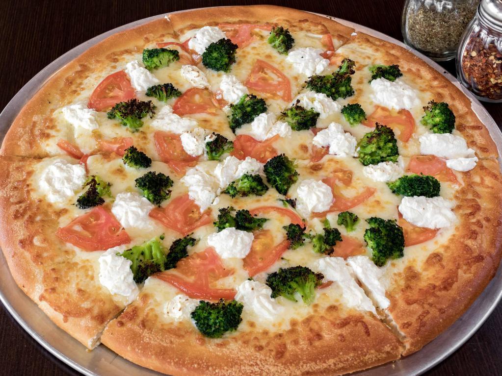 George's White Pizza · Fresh garlic, oil and oregano, our specialty cheese blend, tomatoes, broccoli and ricotta cheese.