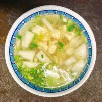 Ginger Soup · Ginger, napa cabbage, onion and scallions in clear broth.