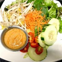 Thai Salad · Lettuce, tomatoes, cucumber, red onions, bean curd, carrots and beans sprouts with peanut dr...