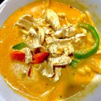 Panang Curry · Coconut milk, bell pepper, string beans and lime leaf. Hot and spicy.