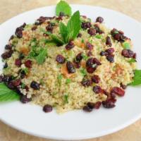 Organic Quinoa Salad · Cucumbers, tomatoes, red onions, organic quinoa with fresh mint and cranberries served with ...