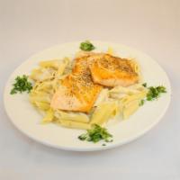 Salmon Penne Pasta · Served with our Alfredo sauce topped with salmon fillet.