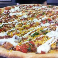 Chicken, Bacon and Ranch Pie · Chicken, bacon, tomatoes, onions, cheddar cheese and ranch dressing.