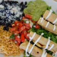 Taquitos · 4 rolled and fried organic corn tortilla, choice of shredded chicken, shredded beef or carni...